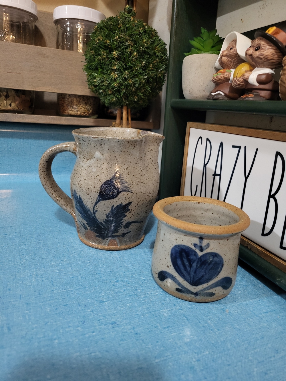 Hand-Painted Blue Floral Stoneware Pitcher and Crock by